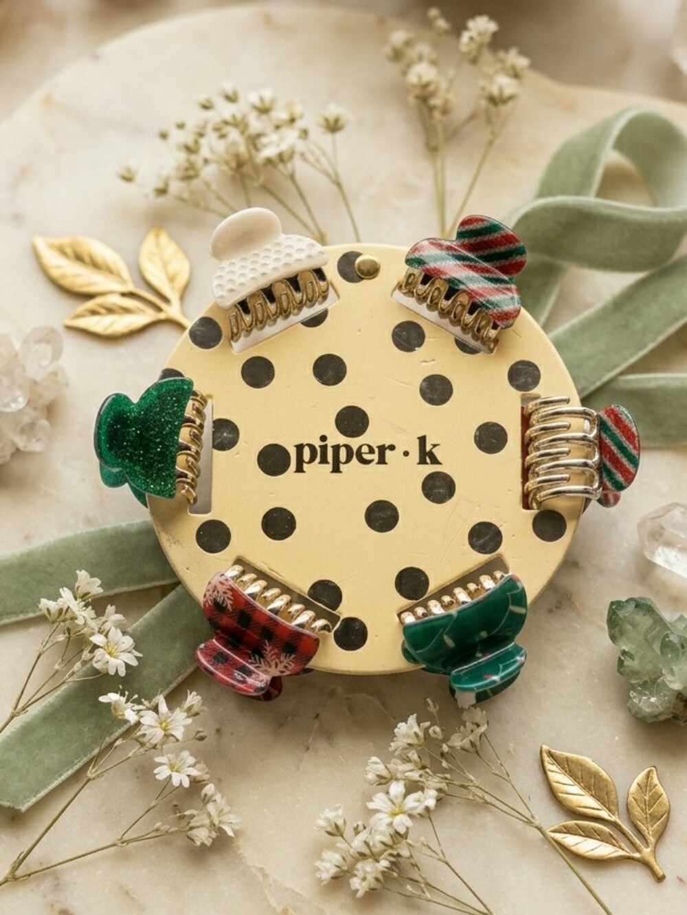 Piper•K Christmas Green Red Glitter Holiday Mini Hair Claw Clip Set